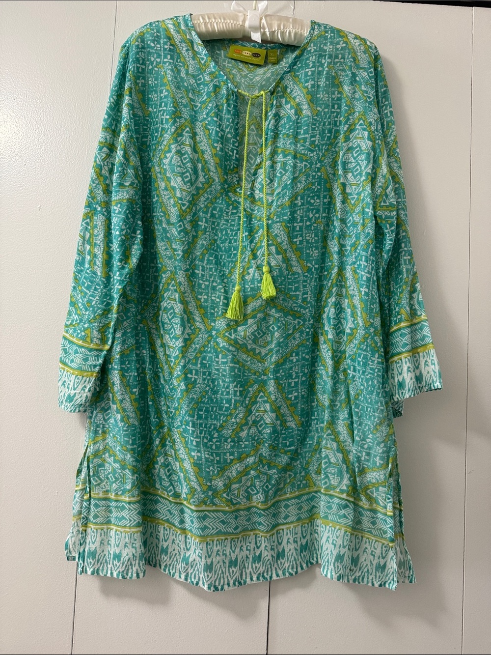 Women’s Teal Patterned Tunic Top with Tassel Tie
